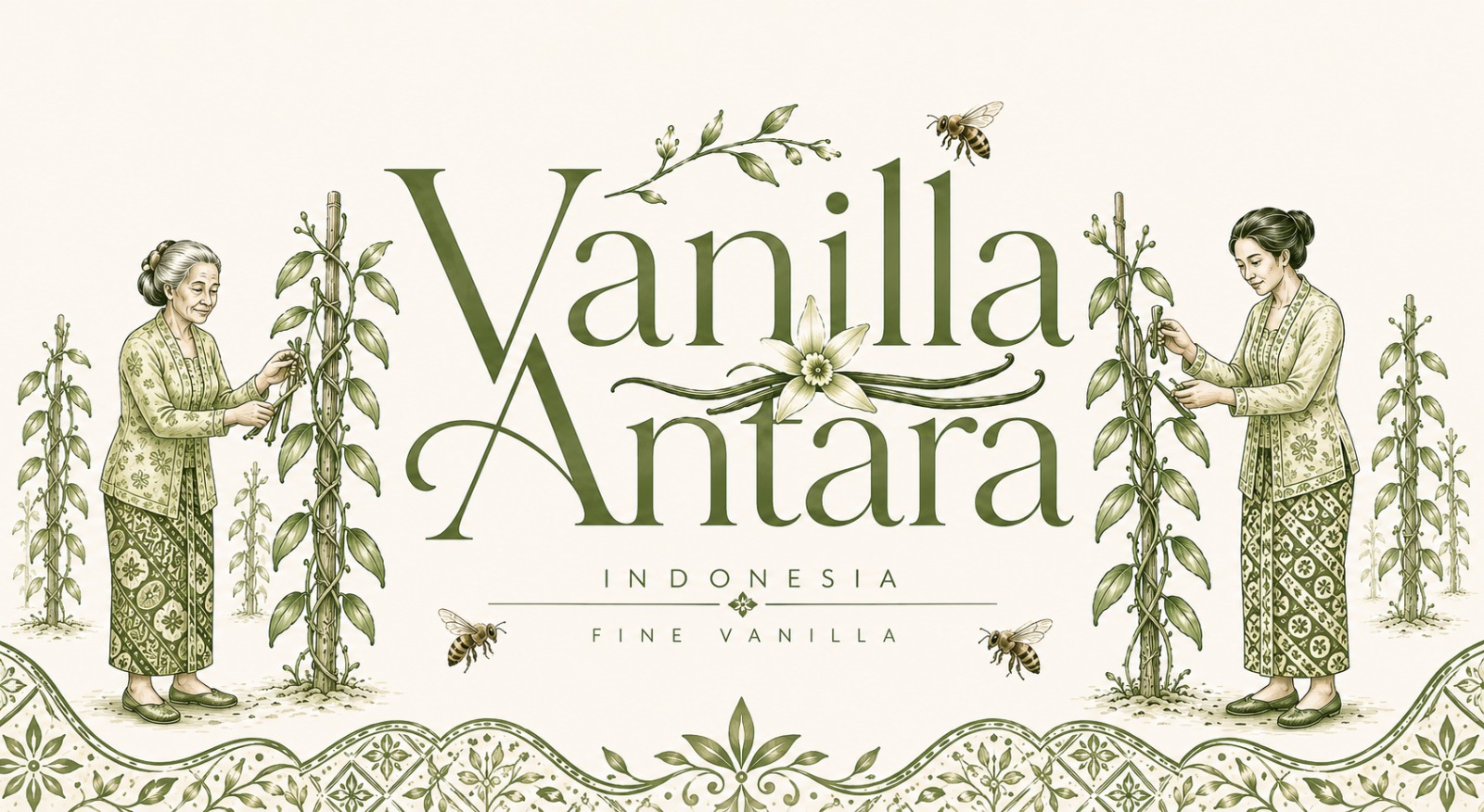 Vanilla Antara botanical illustration showing traditional Indonesian farmers hand-pollinating vanilla vines