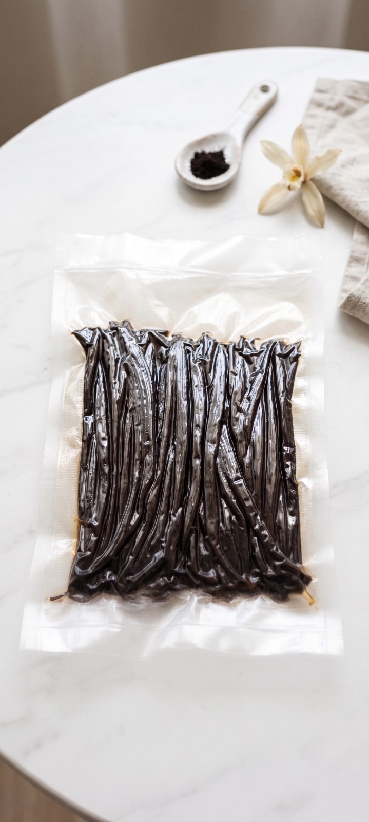 Gourmet Grade A Planifolia vanilla pods in vacuum package